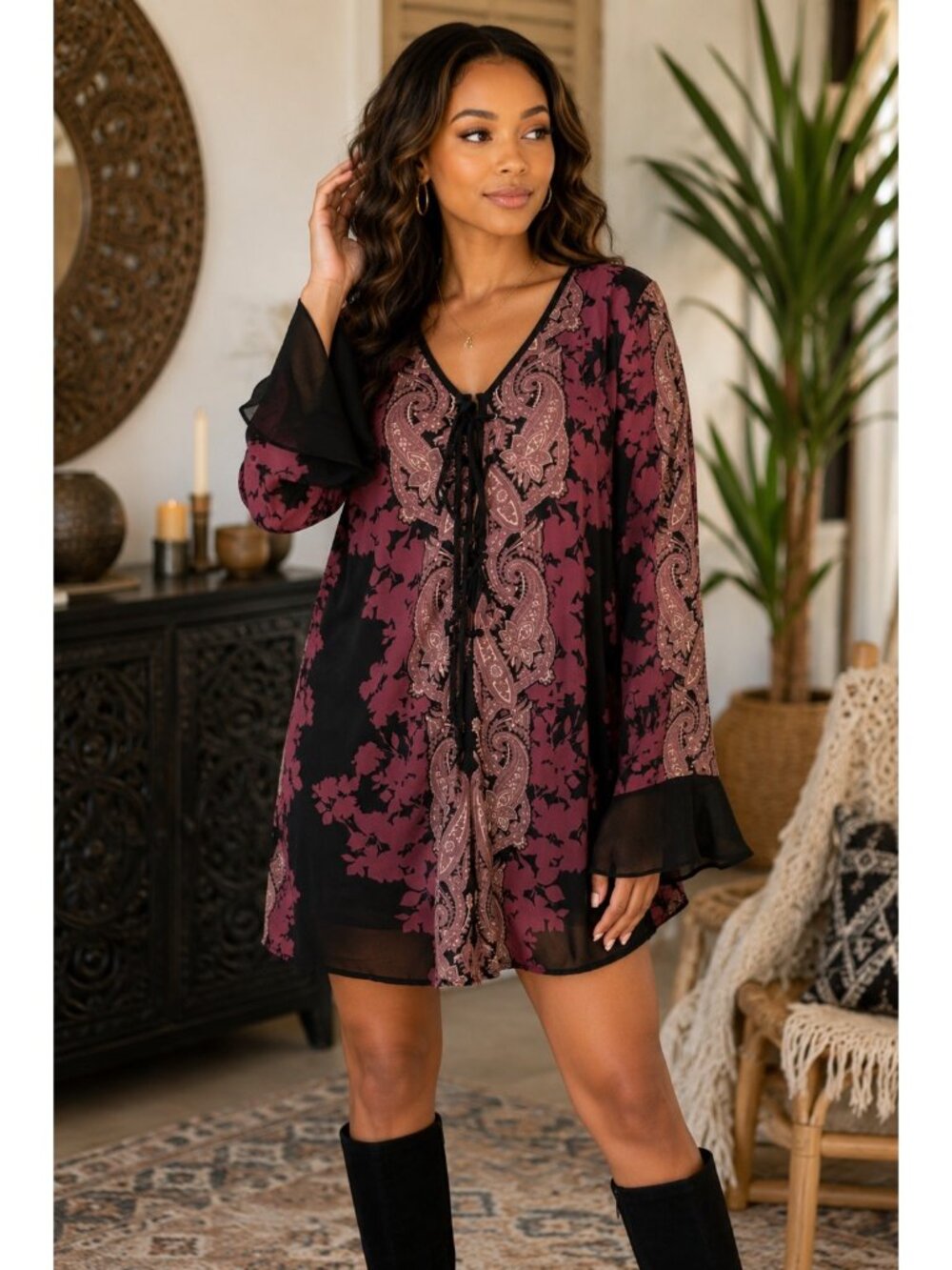 Band of Gypsies Boho Paisley Lace-Up Tunic Dress Large Burgundy Black